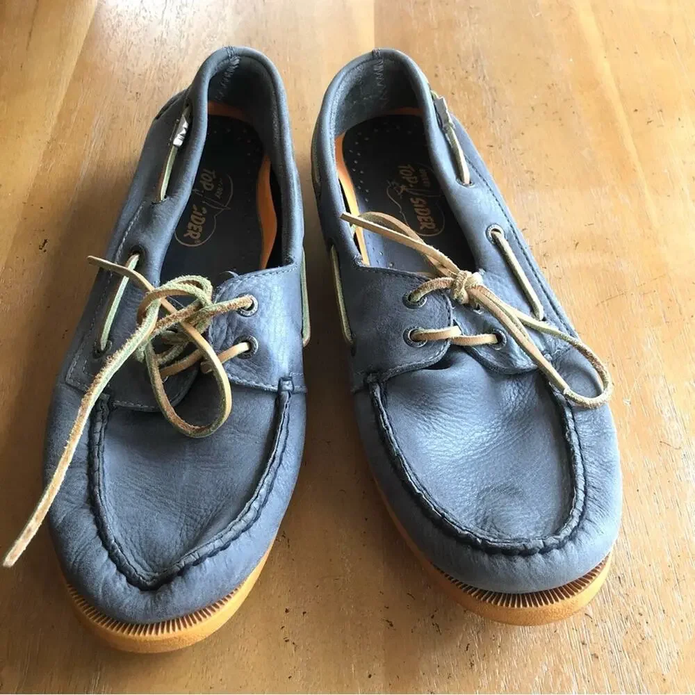Vintage Boat Shoes Grey Leather Sperry Top-Sider Original Gray Prep Yellow Sole